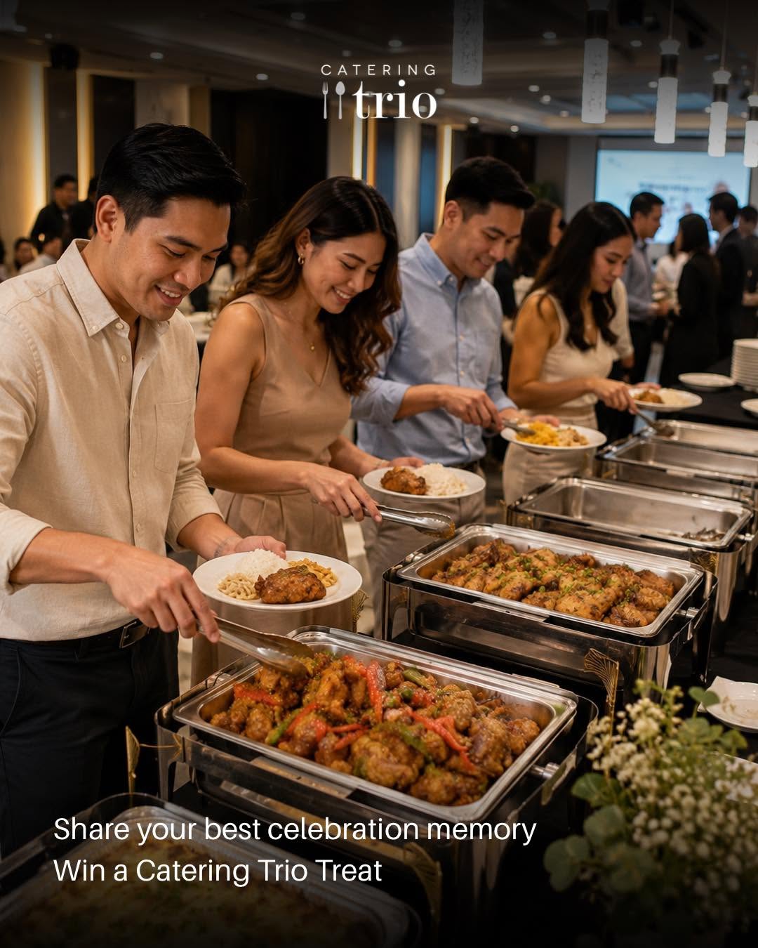 Real guests in formal Filipino attire self-serving a buffet spread at a Catering Trio PH event