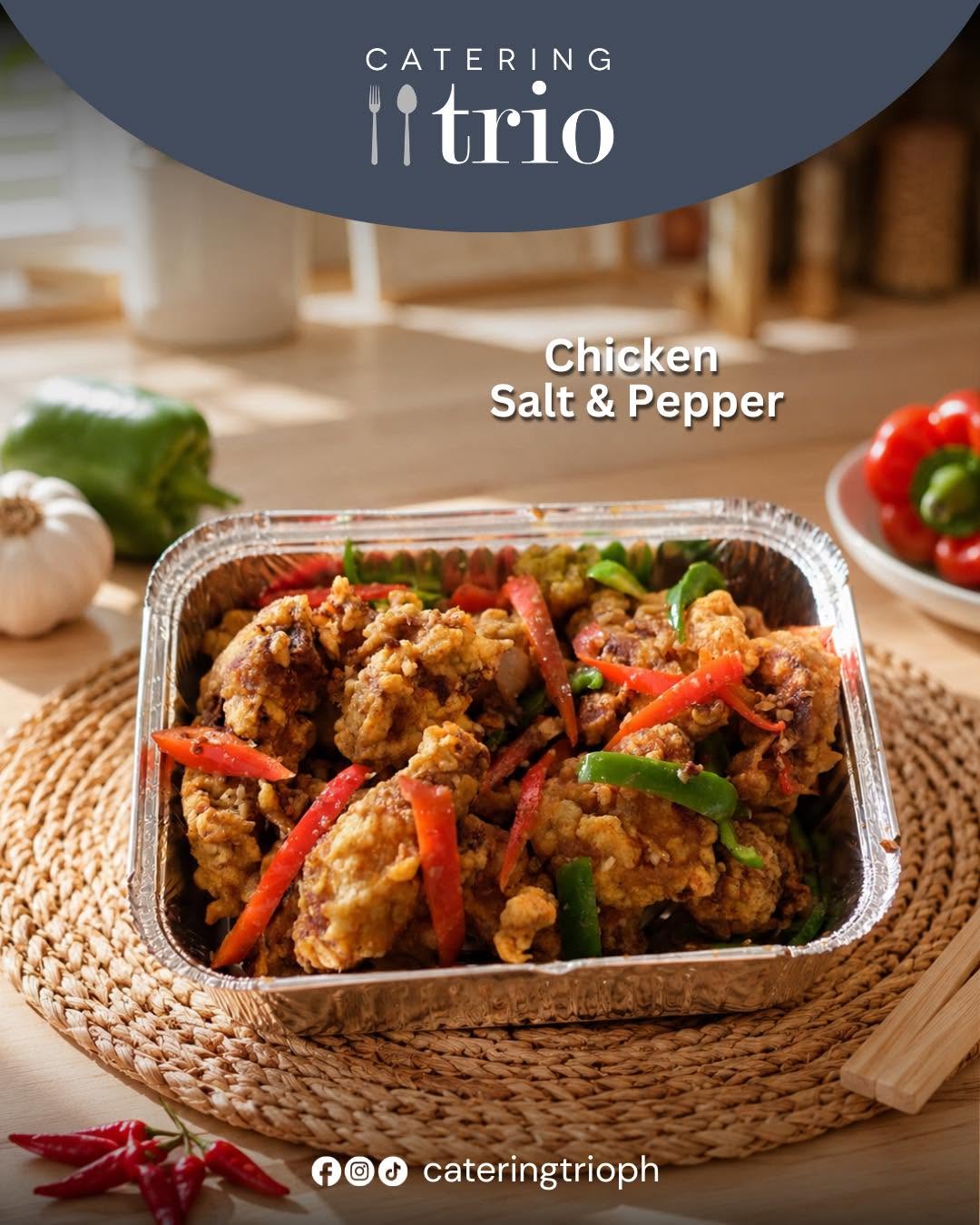 Chicken Salt and Pepper, a real Catering Trio PH dish in a foil catering tray