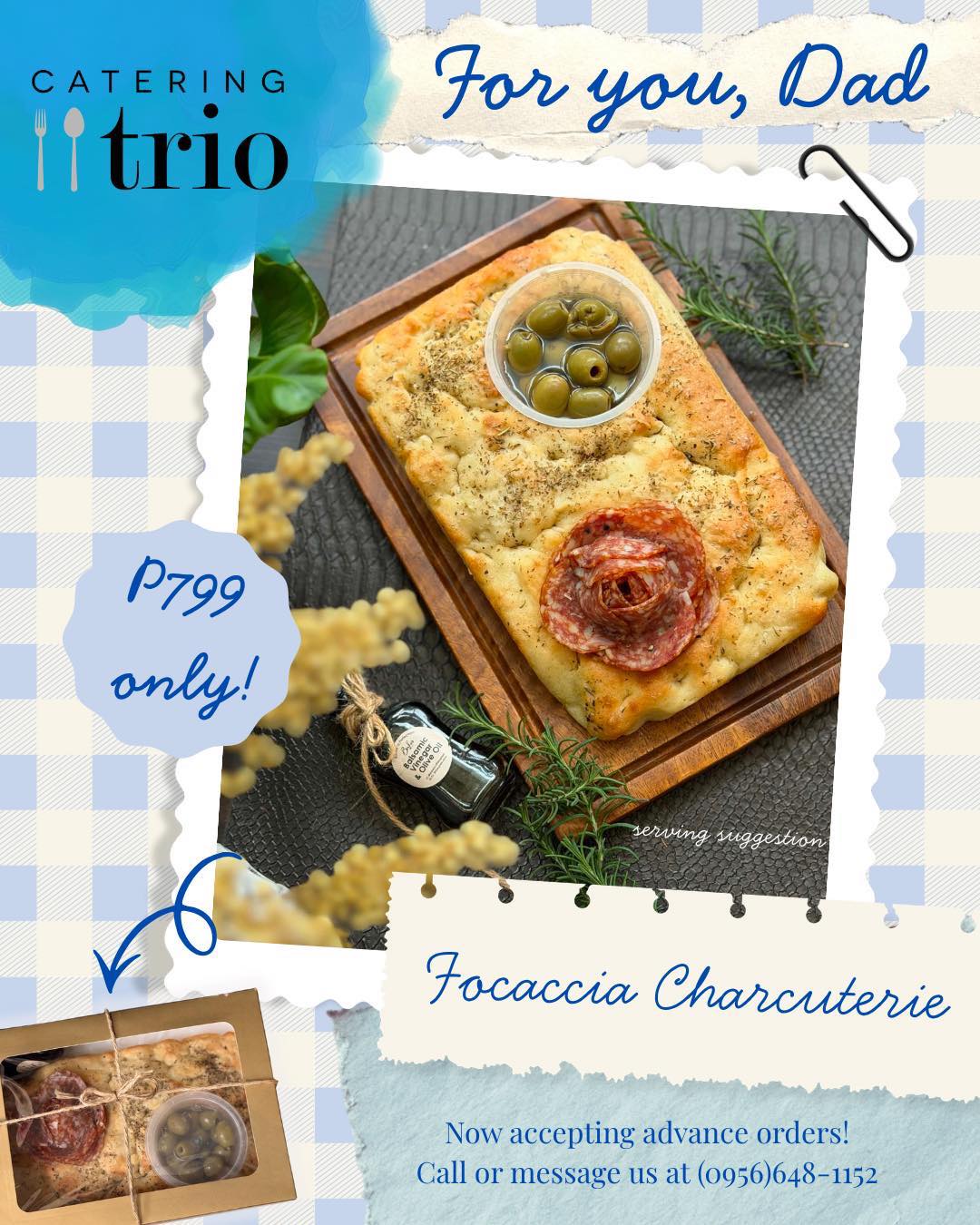 A real Catering Trio PH Focaccia Charcuterie board with olives and salami